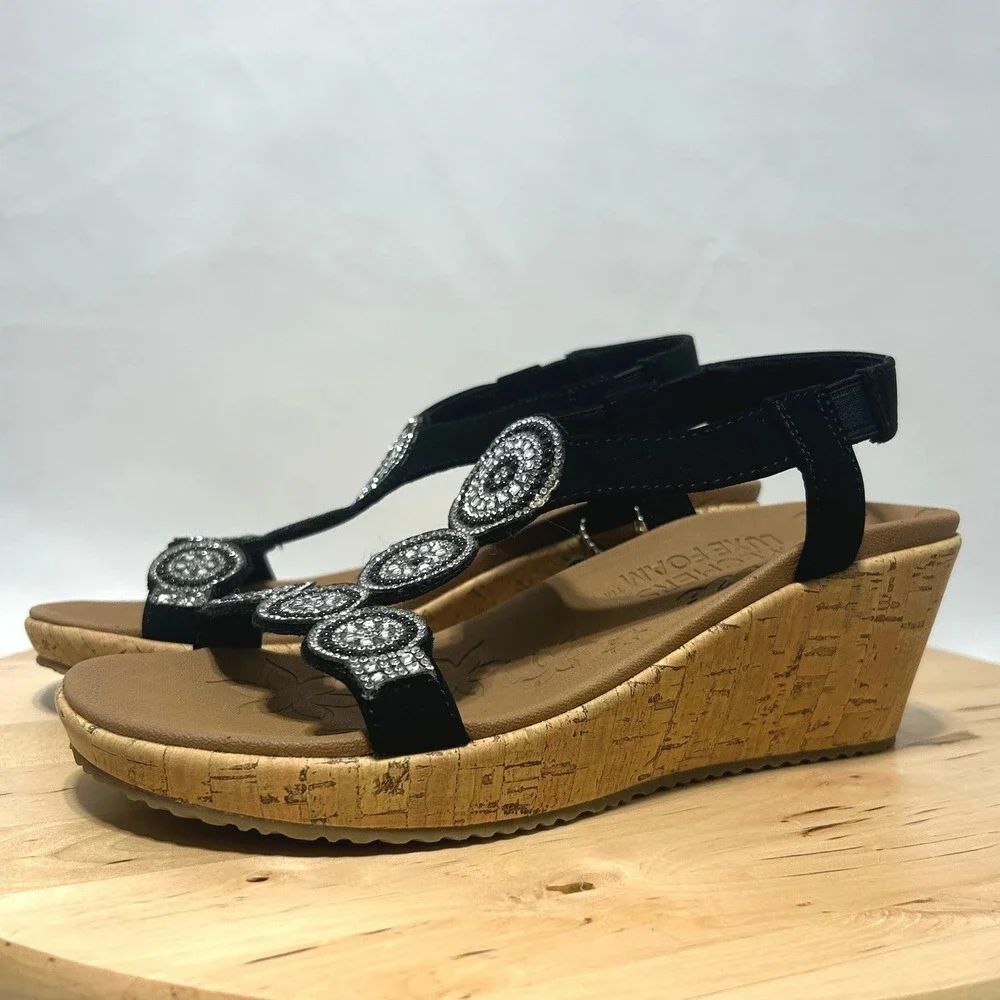 NWT Women's Skechers Beverlee Date Glam Wedge Black Sandal - Size 7